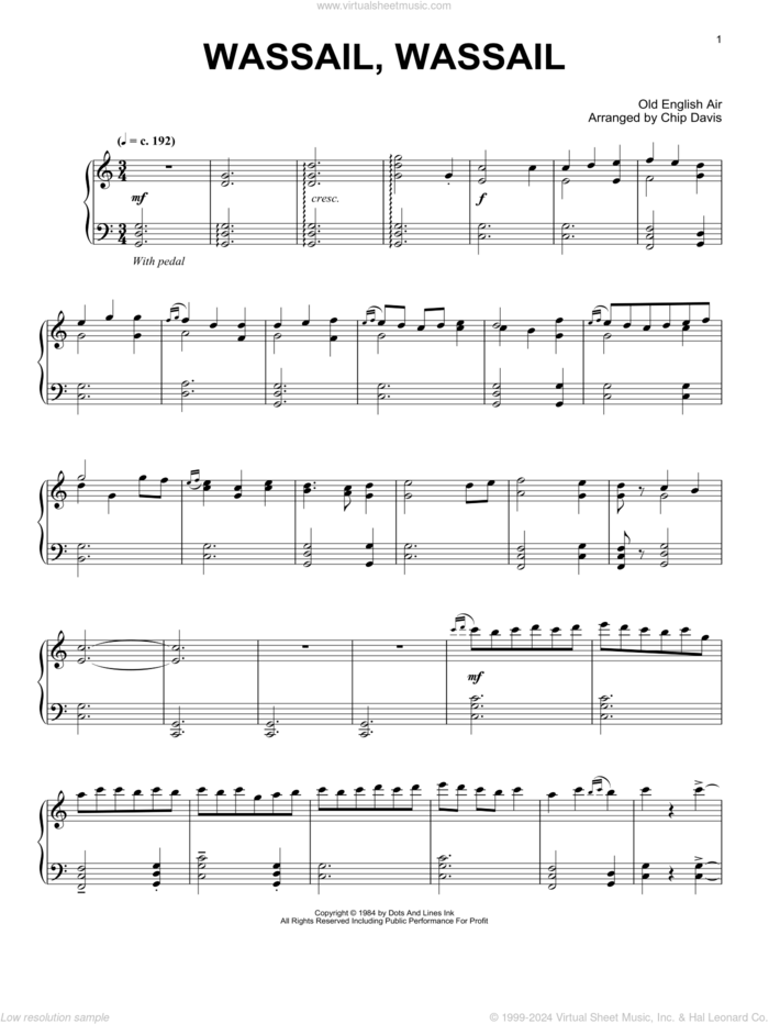 Wassail, Wassail sheet music for piano solo by Mannheim Steamroller, Chip Davis and Old English Air, intermediate skill level