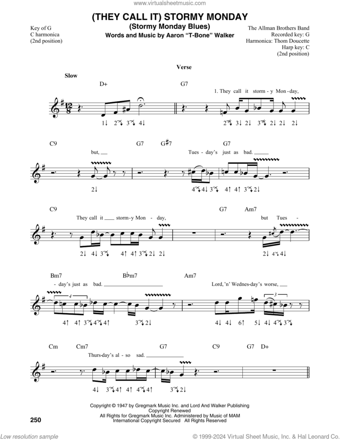 (They Call It) Stormy Monday (Stormy Monday Blues) sheet music for harmonica solo by Aaron 'T-Bone' Walker, intermediate skill level