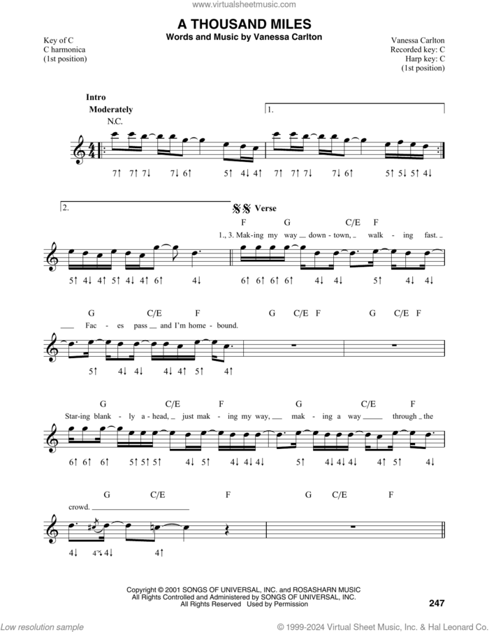 A Thousand Miles sheet music for harmonica solo by Vanessa Carlton, intermediate skill level