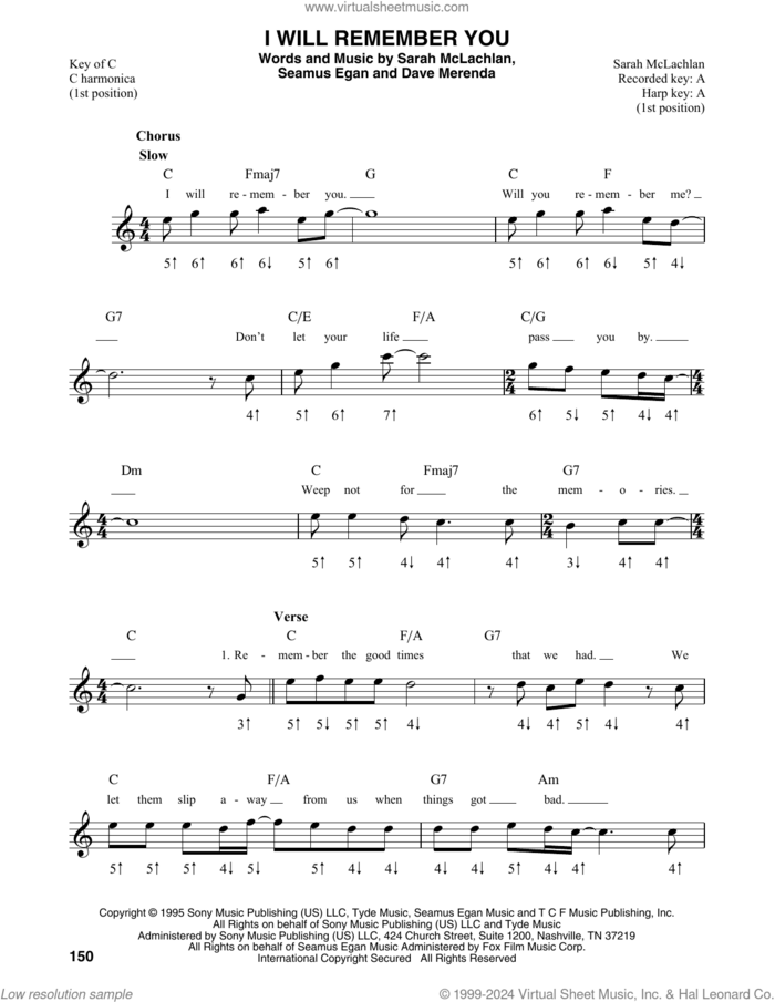 I Will Remember You sheet music for harmonica solo by Sarah McLachlan, Dave Merenda and Seamus Egan, intermediate skill level