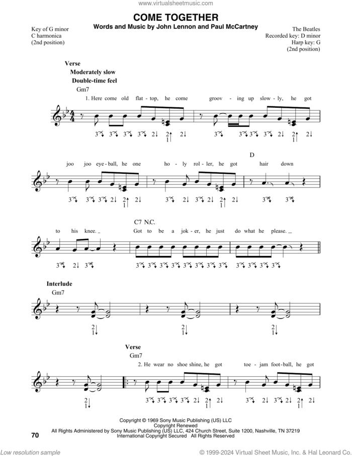 Come Together sheet music for harmonica solo by The Beatles, John Lennon and Paul McCartney, intermediate skill level