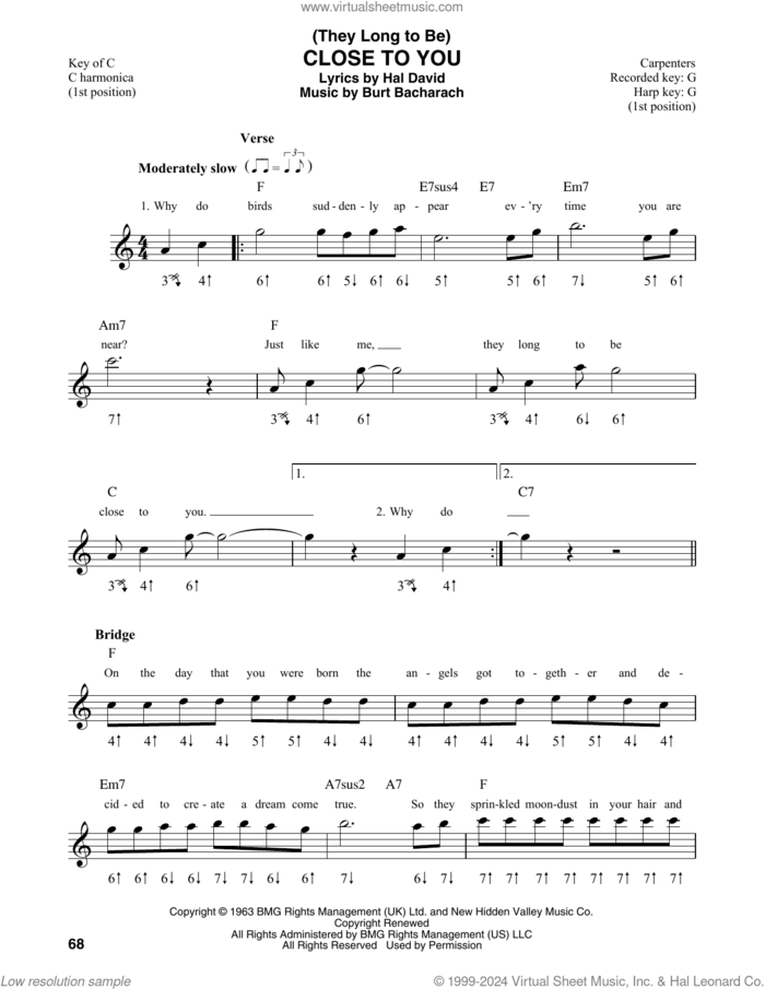 (They Long To Be) Close To You sheet music for harmonica solo by Carpenters, Burt Bacharach and Hal David, intermediate skill level