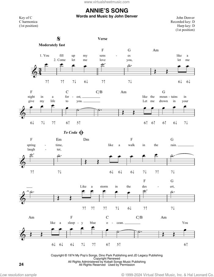 Annie's Song sheet music for harmonica solo by John Denver, intermediate skill level