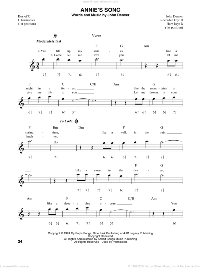 Annie's Song sheet music for harmonica solo by John Denver, intermediate skill level