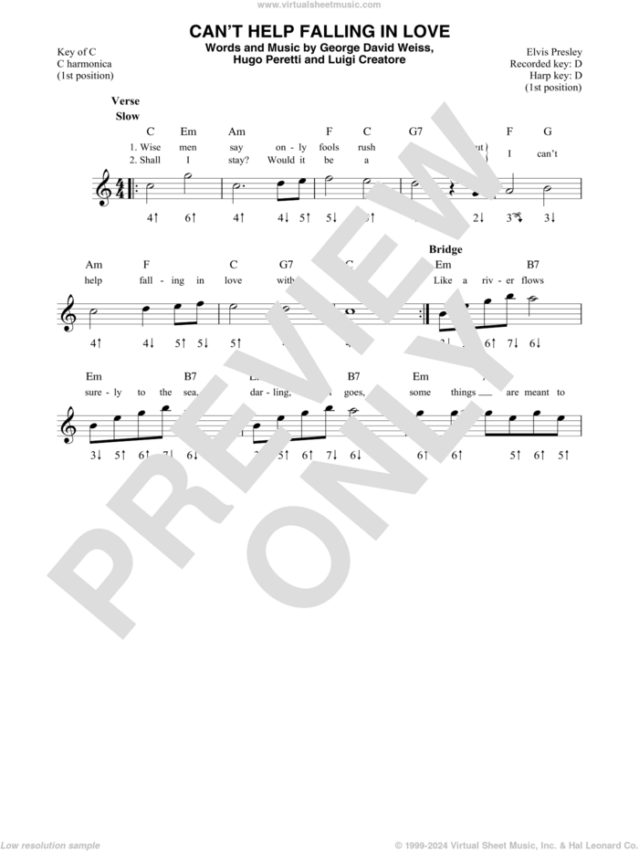 Can't Help Falling In Love sheet music for harmonica solo by Elvis Presley, George David Weiss, Hugo Peretti and Luigi Creatore, intermediate skill level