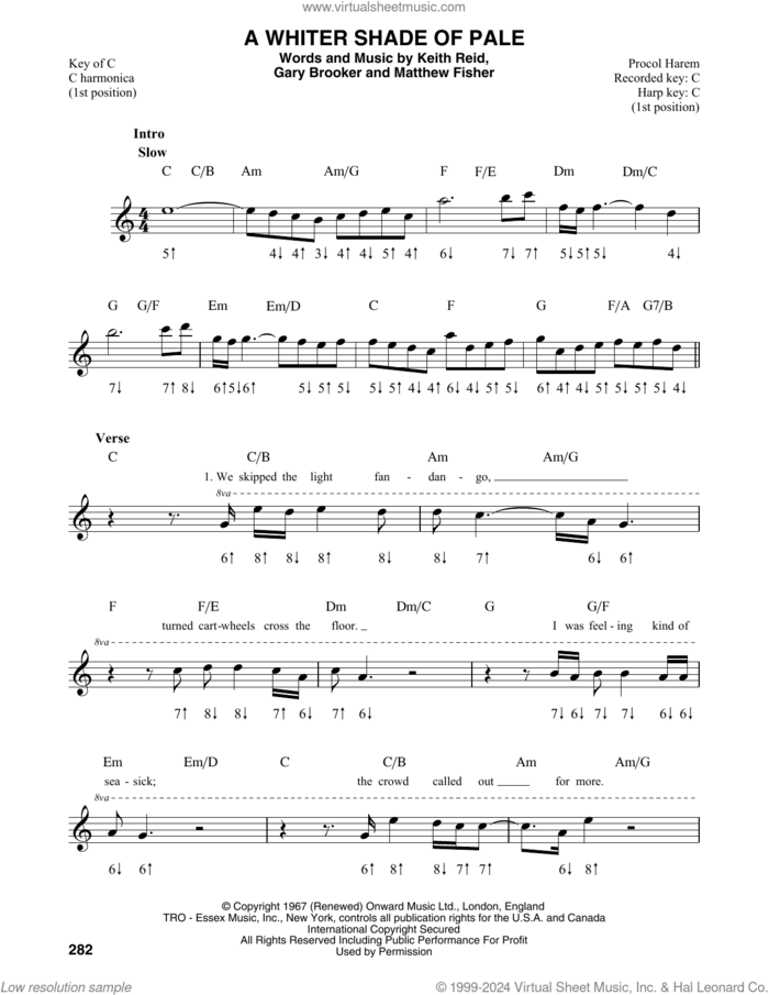 A Whiter Shade Of Pale sheet music for harmonica solo by Procol Harum, Gary Brooker, Keith Reid and Matthew Fisher, intermediate skill level