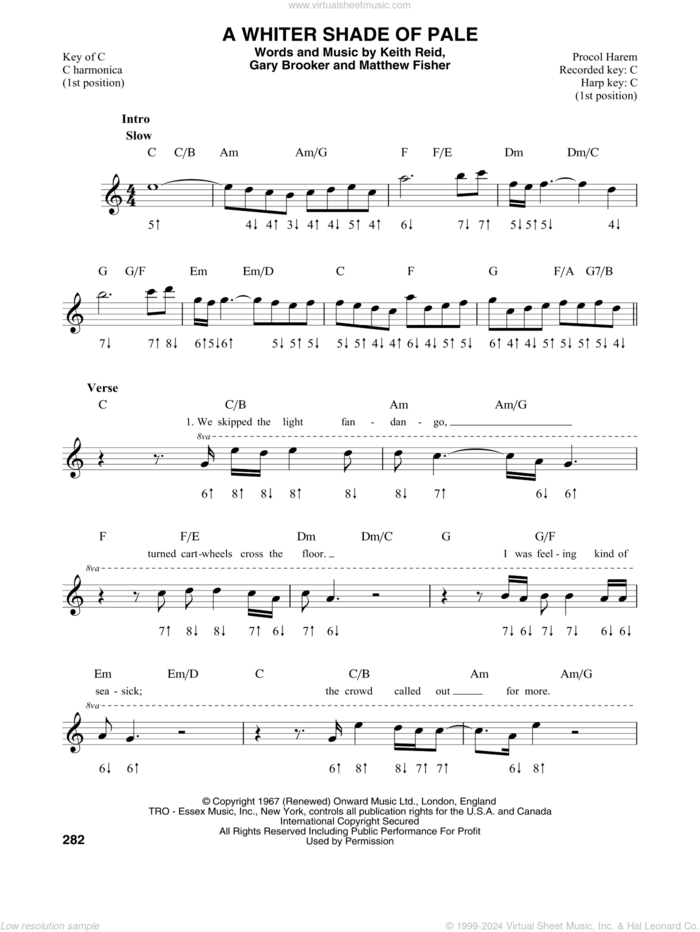 A Whiter Shade Of Pale sheet music for harmonica solo by Procol Harum, Gary Brooker, Keith Reid and Matthew Fisher, intermediate skill level