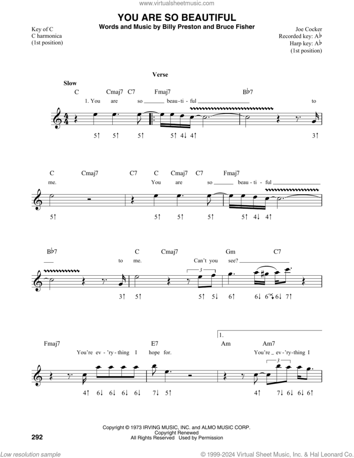 You Are So Beautiful sheet music for harmonica solo by Joe Cocker, Billy Preston and Bruce Fisher, intermediate skill level