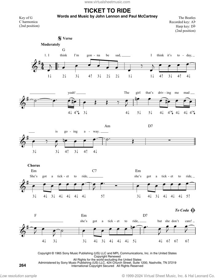 Ticket To Ride sheet music for harmonica solo by The Beatles, John Lennon and Paul McCartney, intermediate skill level