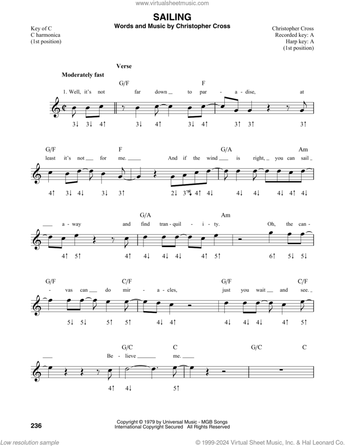 Sailing sheet music for harmonica solo by Christopher Cross, intermediate skill level