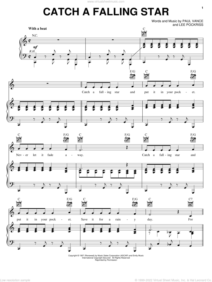 Catch A Falling Star sheet music for voice, piano or guitar by Perry Como, Lee Pockriss and Paul Vance, intermediate skill level