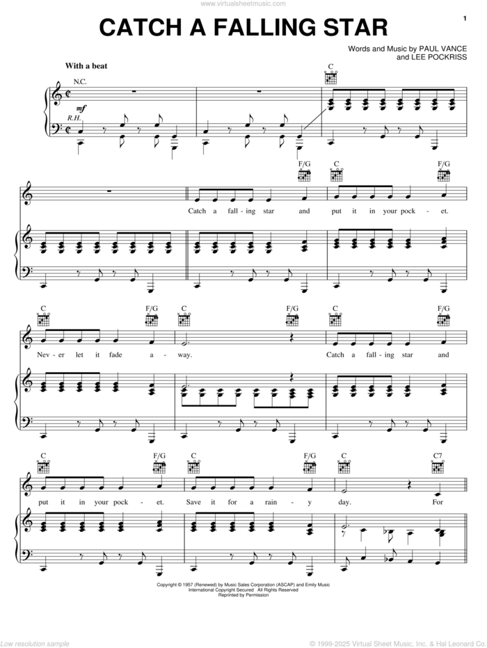 Catch A Falling Star sheet music for voice, piano or guitar by Perry Como, Lee Pockriss and Paul Vance, intermediate skill level