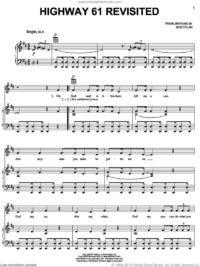 Highway 61 Revisited sheet music for voice, piano or guitar by Billy Joel and Bob Dylan, intermediate skill level