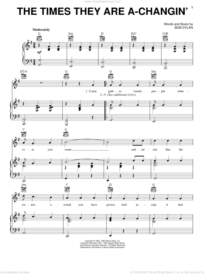 The Times They Are A-Changin' sheet music for voice, piano or guitar by Billy Joel and Bob Dylan, intermediate skill level