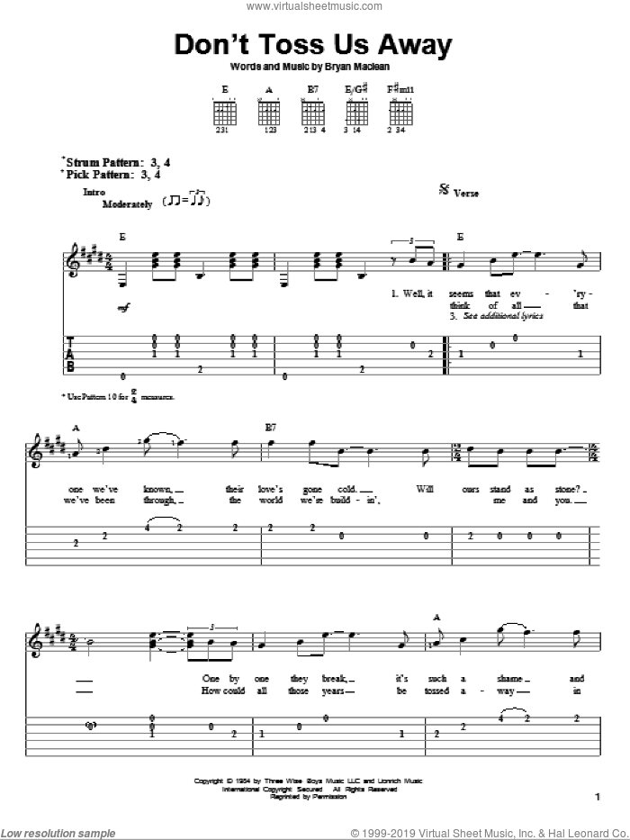 Don't Toss Us Away sheet music for guitar solo (easy tablature) by Patty Loveless and Bryan Maclean, easy guitar (easy tablature)