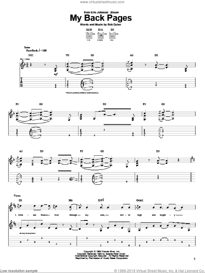My Back Pages sheet music for guitar (tablature) by Eric Johnson and Bob Dylan, intermediate skill level