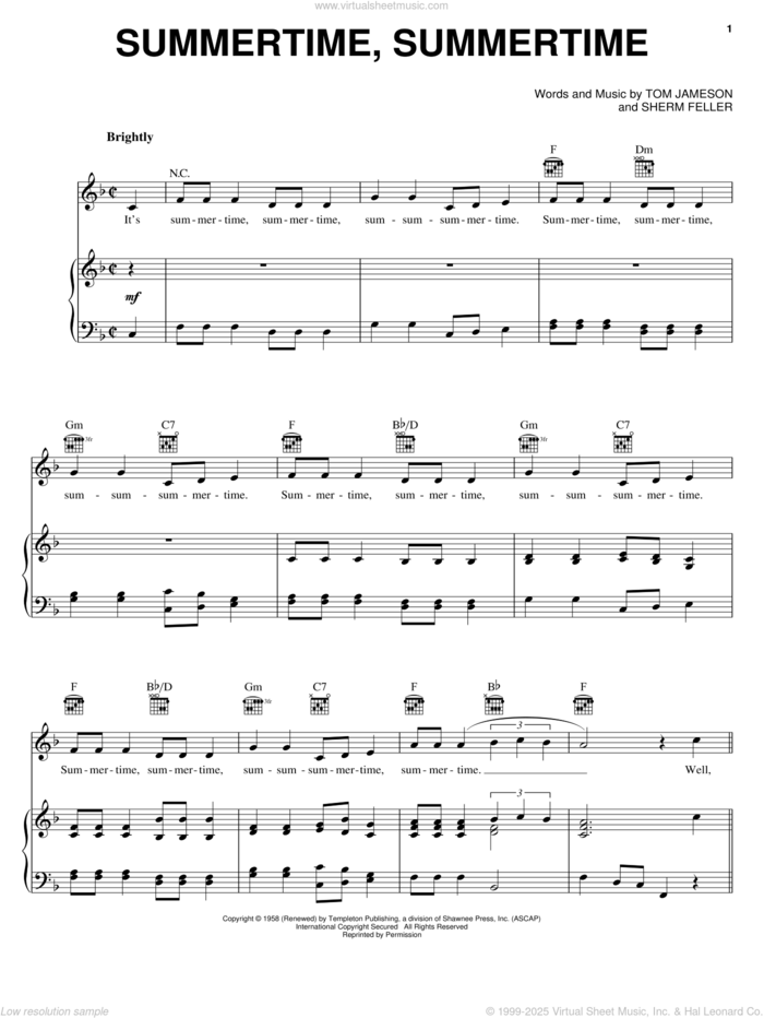 Summertime, Summertime sheet music for voice, piano or guitar by The Jamies, Sherm Feller and Tom Jameson, intermediate skill level