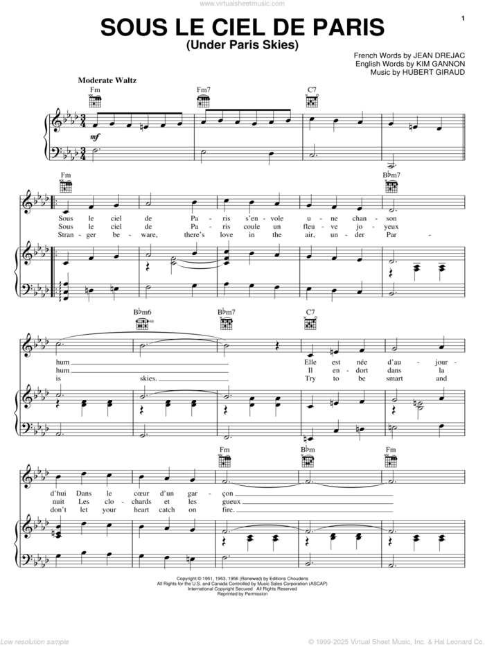 Under Paris Skies sheet music for voice, piano or guitar by Kim Gannon, Hubert Giraud and Jean Drejac, intermediate skill level