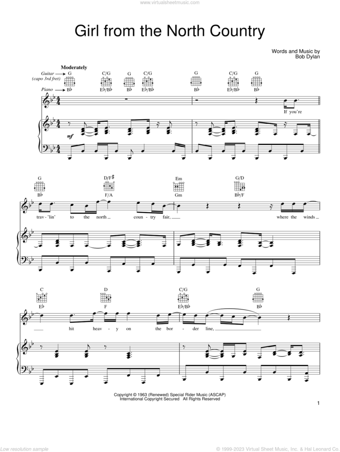 Girl From The North Country sheet music for voice, piano or guitar by Leon Russell and Bob Dylan, intermediate skill level