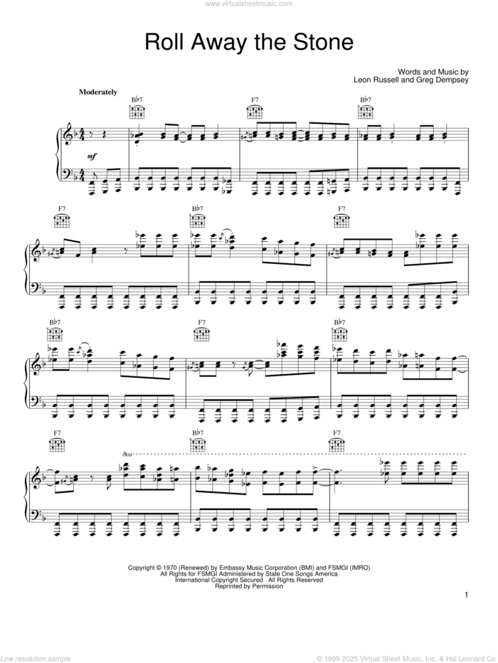 Roll Away The Stone sheet music for voice, piano or guitar by Leon Russell and Greg Dempsey, intermediate skill level