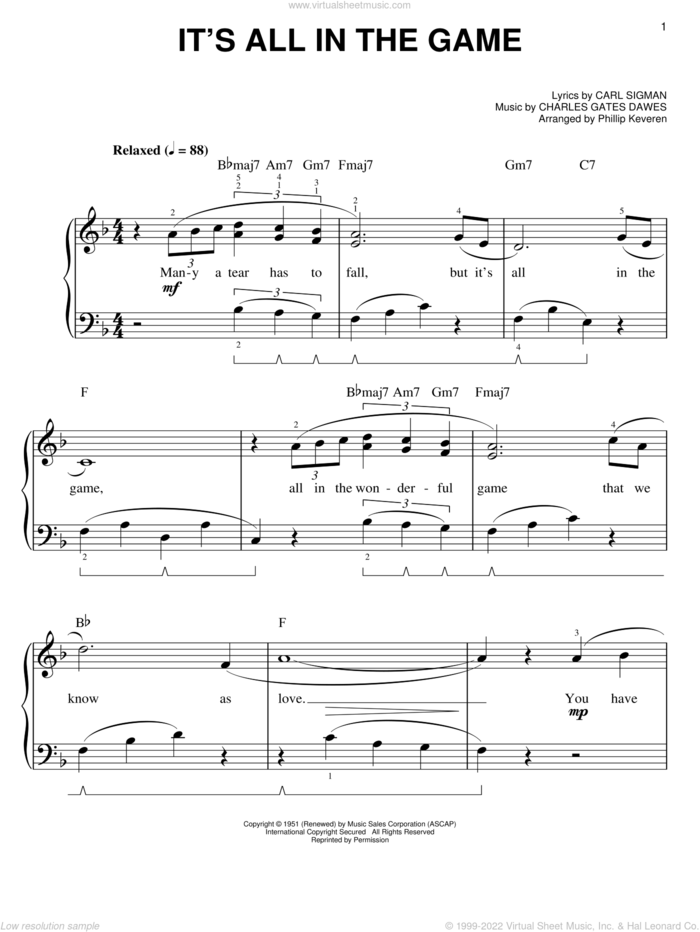 It's All In The Game (arr. Phillip Keveren) sheet music for piano solo by Tommy Edwards, Phillip Keveren, Carl Sigman and Charles Dawes, easy skill level