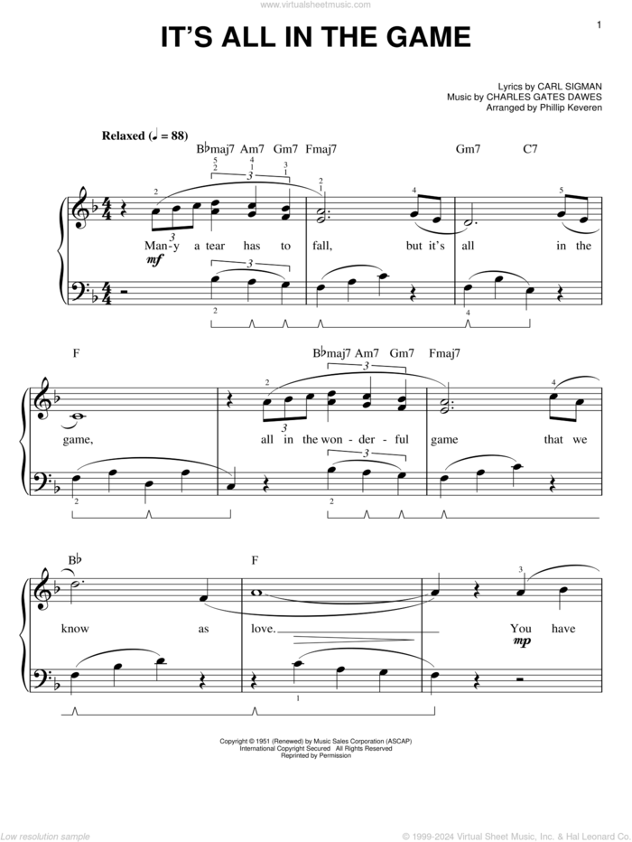 It's All In The Game (arr. Phillip Keveren) sheet music for piano solo by Tommy Edwards, Phillip Keveren, Carl Sigman and Charles Dawes, easy skill level