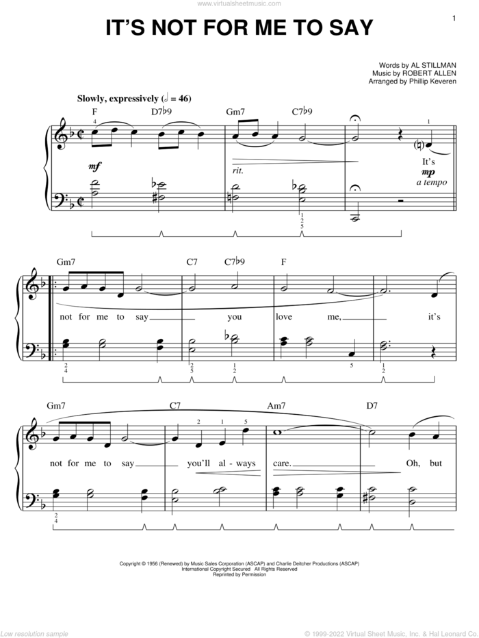 It's Not For Me To Say (arr. Phillip Keveren) sheet music for piano solo by Johnny Mathis, Phillip Keveren, Al Stillman and Robert Allen, easy skill level