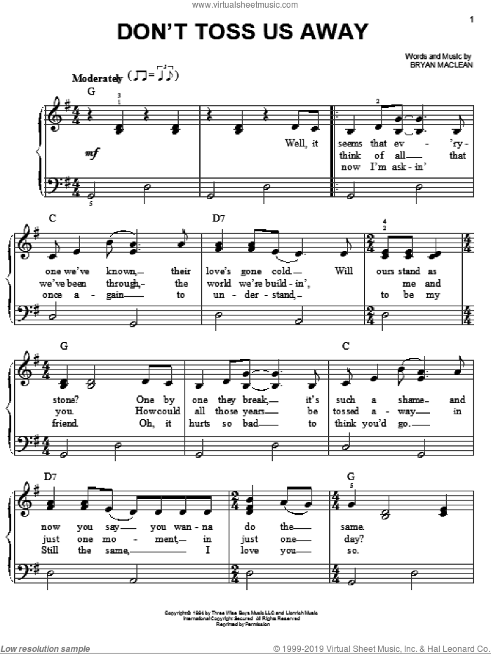 Don't Toss Us Away sheet music for piano solo by Patty Loveless and Bryan Maclean, easy skill level