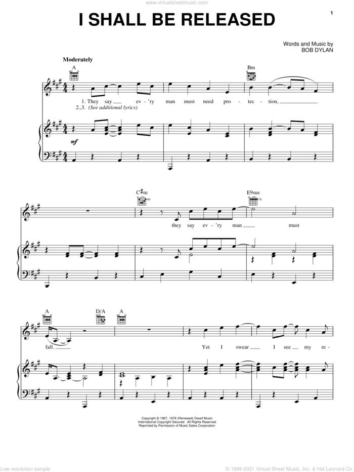 I Shall Be Released (from the musical A Night With Janis Joplin) sheet music for voice, piano or guitar by Bob Dylan, intermediate skill level