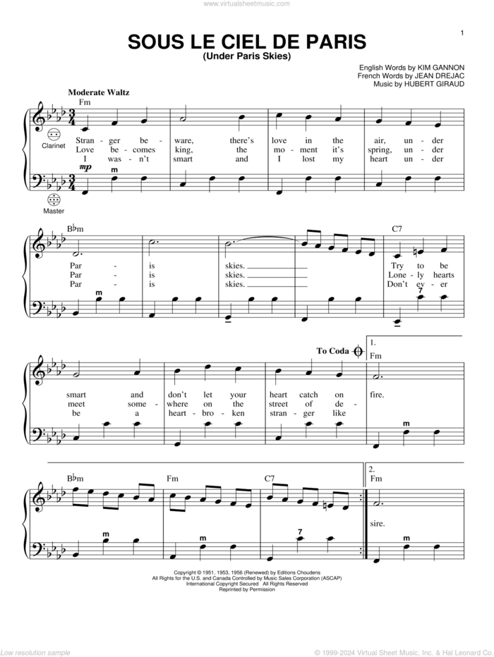 Under Paris Skies sheet music for accordion by Kim Gannon, Hubert Giraud and Jean Drejac, intermediate skill level