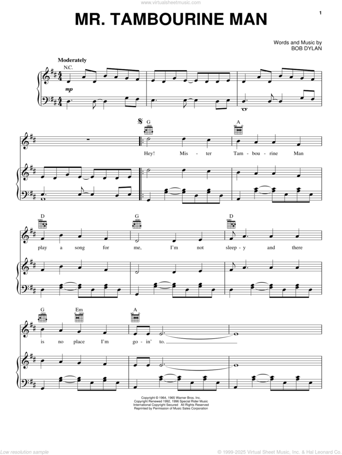 Mr. Tambourine Man sheet music for voice, piano or guitar by Bob Dylan, intermediate skill level