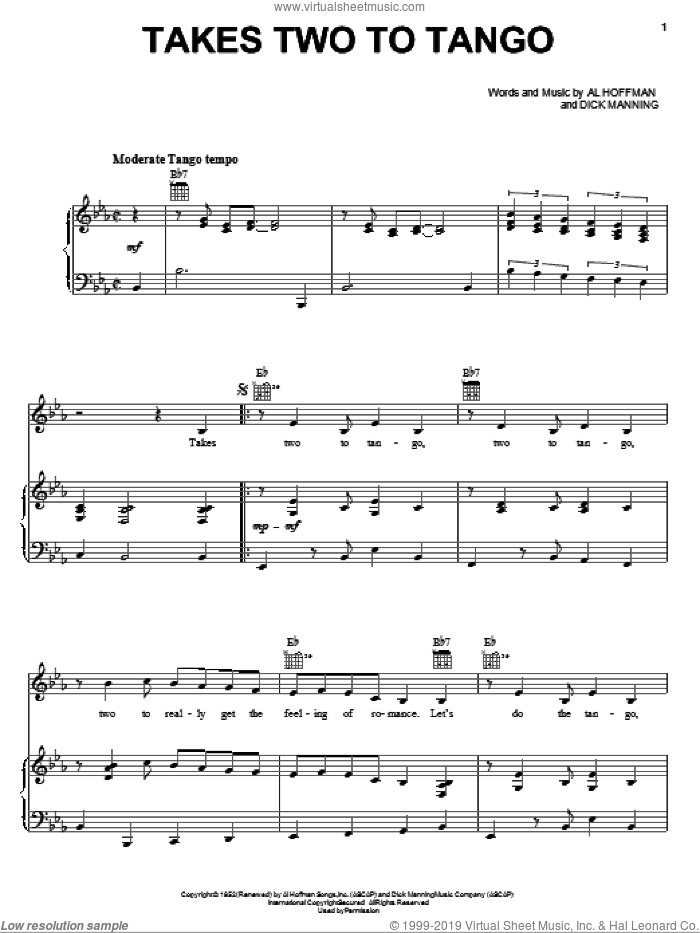 Takes Two To Tango sheet music for voice, piano or guitar by Pearl Bailey, Al Hoffman and Dick Manning, intermediate skill level