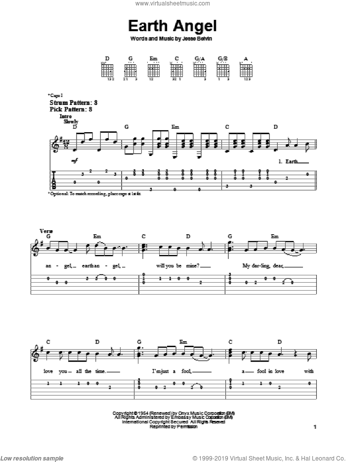 Earth Angel sheet music for guitar solo (easy tablature) by The Crew-Cuts, The Penguins and Jesse Belvin, easy guitar (easy tablature)