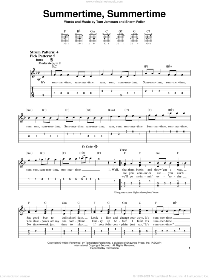 Summertime, Summertime sheet music for guitar solo (easy tablature) by The Jamies, Sherm Feller and Tom Jameson, easy guitar (easy tablature)