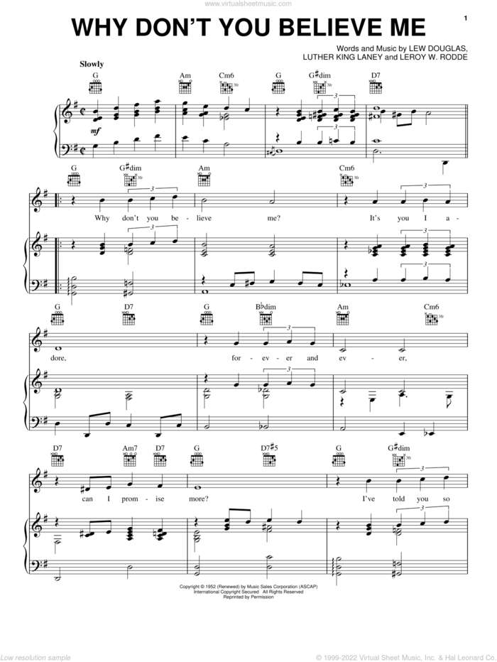 Why Don't You Believe Me sheet music for voice, piano or guitar by Joni James, Patti Page, Leroy W. Rodde, Lew Douglas and Luther King Laney, intermediate skill level