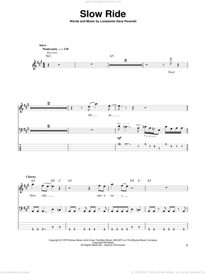 Slow Ride sheet music for bass (tablature) (bass guitar) by Foghat and Lonesome Dave Peverett, intermediate skill level