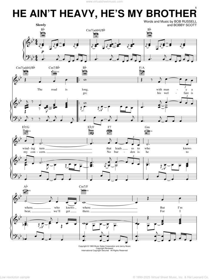 He Ain't Heavy, He's My Brother sheet music for voice, piano or guitar by Neil Diamond, The Hollies, Bob Russell and Bobby Scott, intermediate skill level