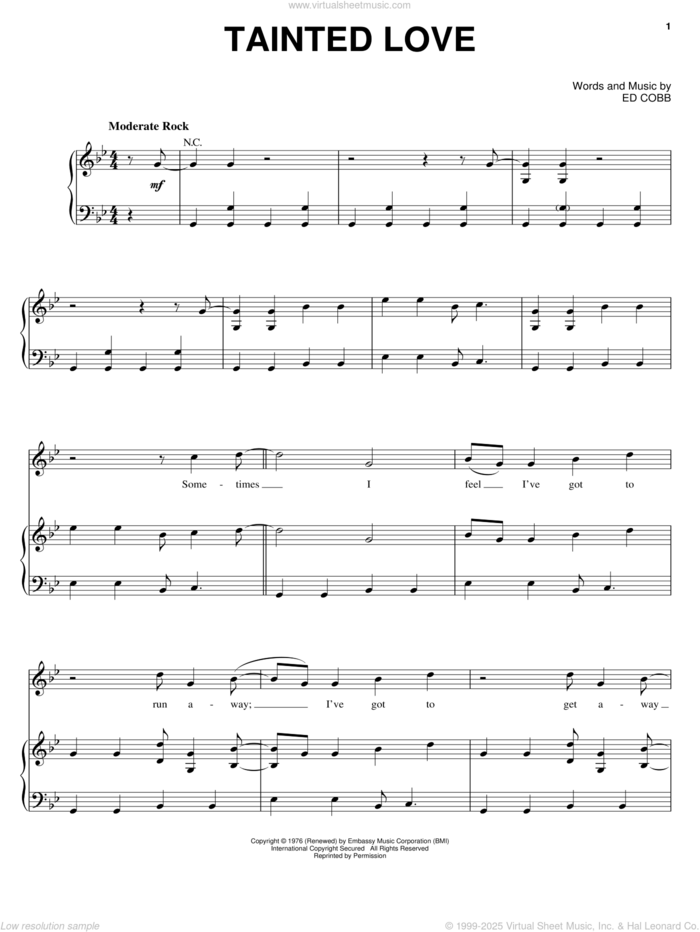 Tainted Love sheet music for voice, piano or guitar by Soft Cell and Ed Cobb, intermediate skill level