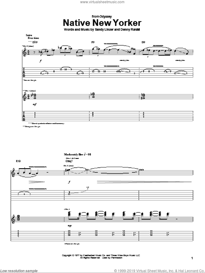 Native New Yorker sheet music for guitar (tablature) by Odyssey, Denny Randell and Sandy Linzer, intermediate skill level