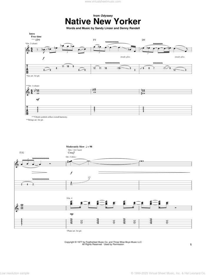 Native New Yorker sheet music for guitar (tablature) by Odyssey, Denny Randell and Sandy Linzer, intermediate skill level