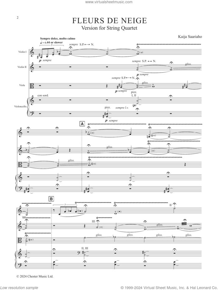 Fleurs de neige (COMPLETE) sheet music for string quartet (violin, viola, cello) by Kaija Saariaho, classical score, intermediate skill level