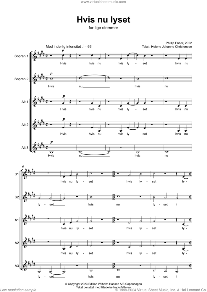 Hvis Nu Lyset (SSAAA) sheet music for choir (SSAAA) by Phillip Faber, classical score, intermediate skill level