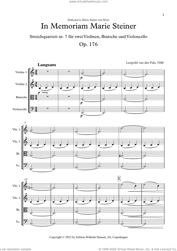 In Memoriam Marie Steiner Op. 176 (COMPLETE) sheet music for string quartet (violin, viola, cello) by Leopold van der Pals, classical score, intermediate skill level