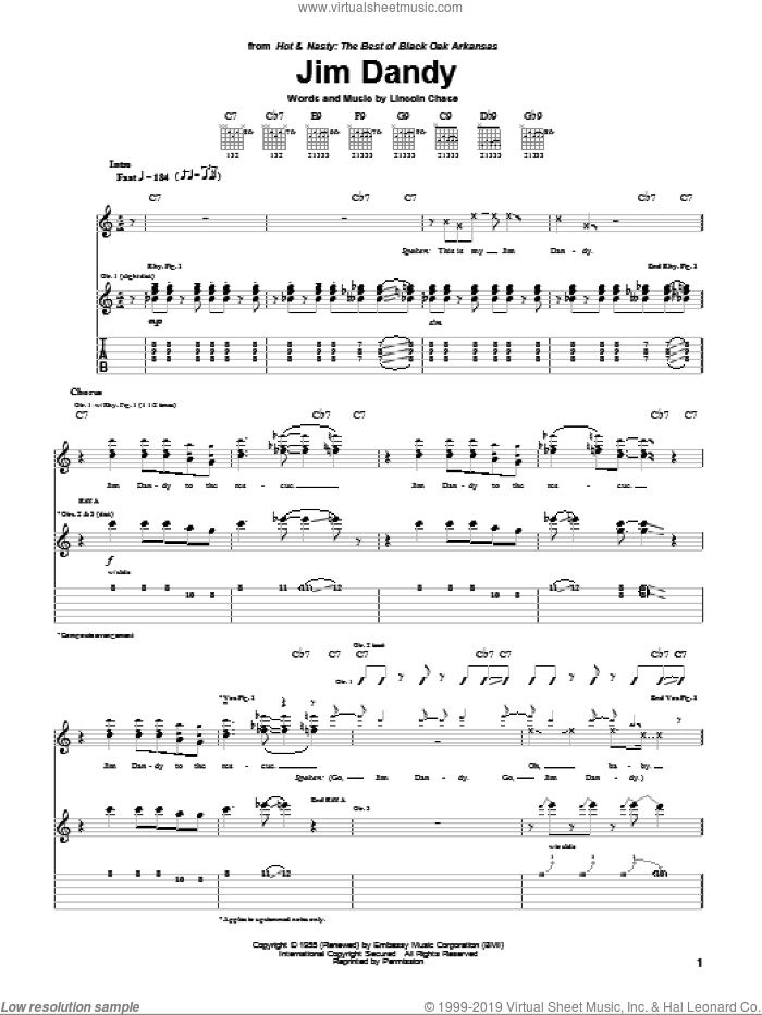 Jim Dandy sheet music for guitar (tablature) by Black Oak Arkansas, LaVern Baker and Lincoln Chase, intermediate skill level