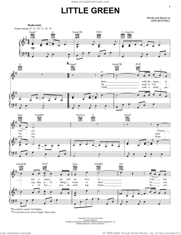 Little Green sheet music for voice, piano or guitar by Joni Mitchell, intermediate skill level