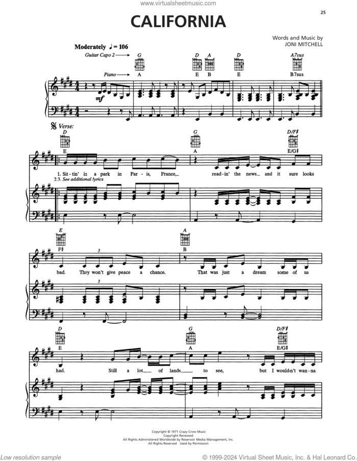 California sheet music for voice, piano or guitar by Joni Mitchell, intermediate skill level