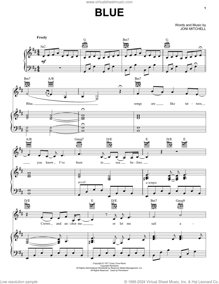 Blue sheet music for voice, piano or guitar by Joni Mitchell, intermediate skill level