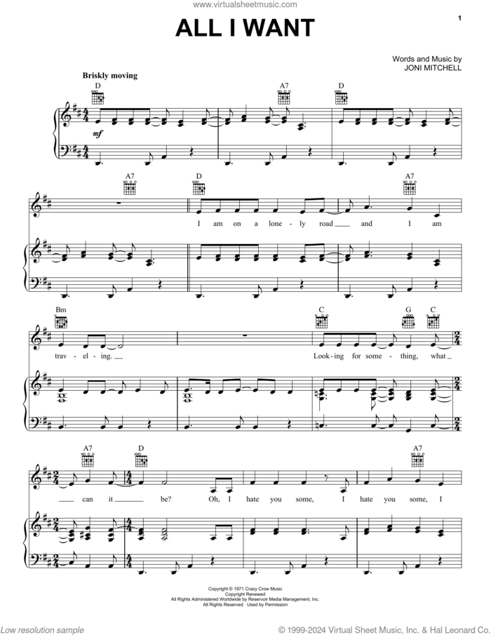 All I Want sheet music for voice, piano or guitar by Joni Mitchell, intermediate skill level