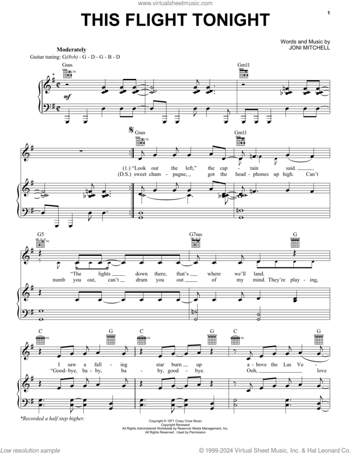 This Flight Tonight sheet music for voice, piano or guitar by Joni Mitchell, intermediate skill level