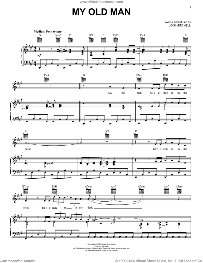 My Old Man sheet music for voice, piano or guitar by Joni Mitchell, intermediate skill level